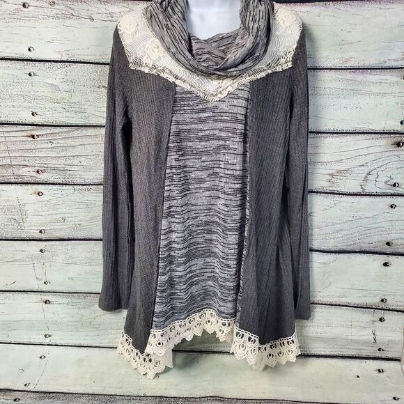 Jolt by Vanity Gray Cowl Neck Tunic Top M Lace Trim Long Sleeve Boho Sweater Shi - Picture 1 of 10